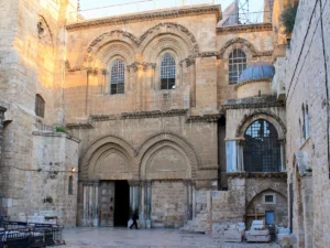 Pre-dawn Entrance: The southern entrance to the Church of the Holy Sepulchre captured just before sunrise