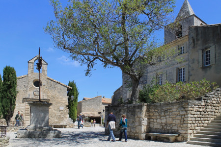 The Saint-Vincent church is a historical monument. Les Baux de Provence, France. Place de Saint-Vincent