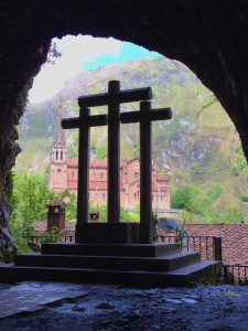 Overlooking the Basilica de Santa Maria la Real de Covadonga. Santa Cueva tunnel
